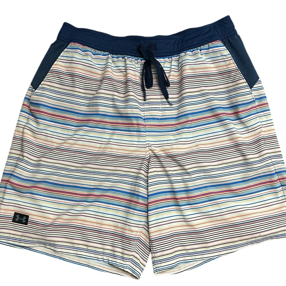 Under Armour Swim Shorts Swim Trunks Mens Size Large Multicolor Stripe Navy Blue
